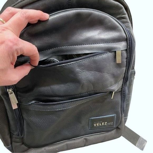 Velez Navy Handcrafted in Columbia Large Leather Lined Laptop Backpack — EUC - Picture 6 of 11